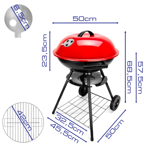 Grill węglowy ogrodowy okrągły z pokrywą 42cm duży ruszt przenośny BBQ