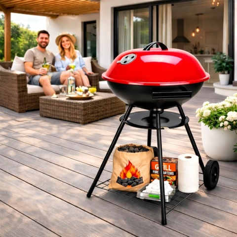 Grill węglowy ogrodowy okrągły z pokrywą 42cm duży ruszt przenośny BBQ