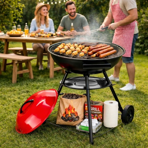Grill węglowy ogrodowy okrągły z pokrywą 42cm duży ruszt przenośny BBQ
