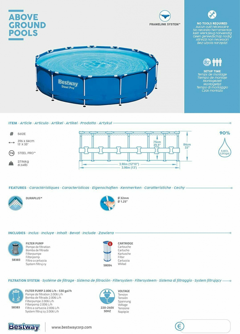 Basen ogrodowy stelażowy 396 x 84 cm zestaw Bestway 5612E Basen ogrodowy stelażowy 396 x 84 cm zestaw Bestway 5612E